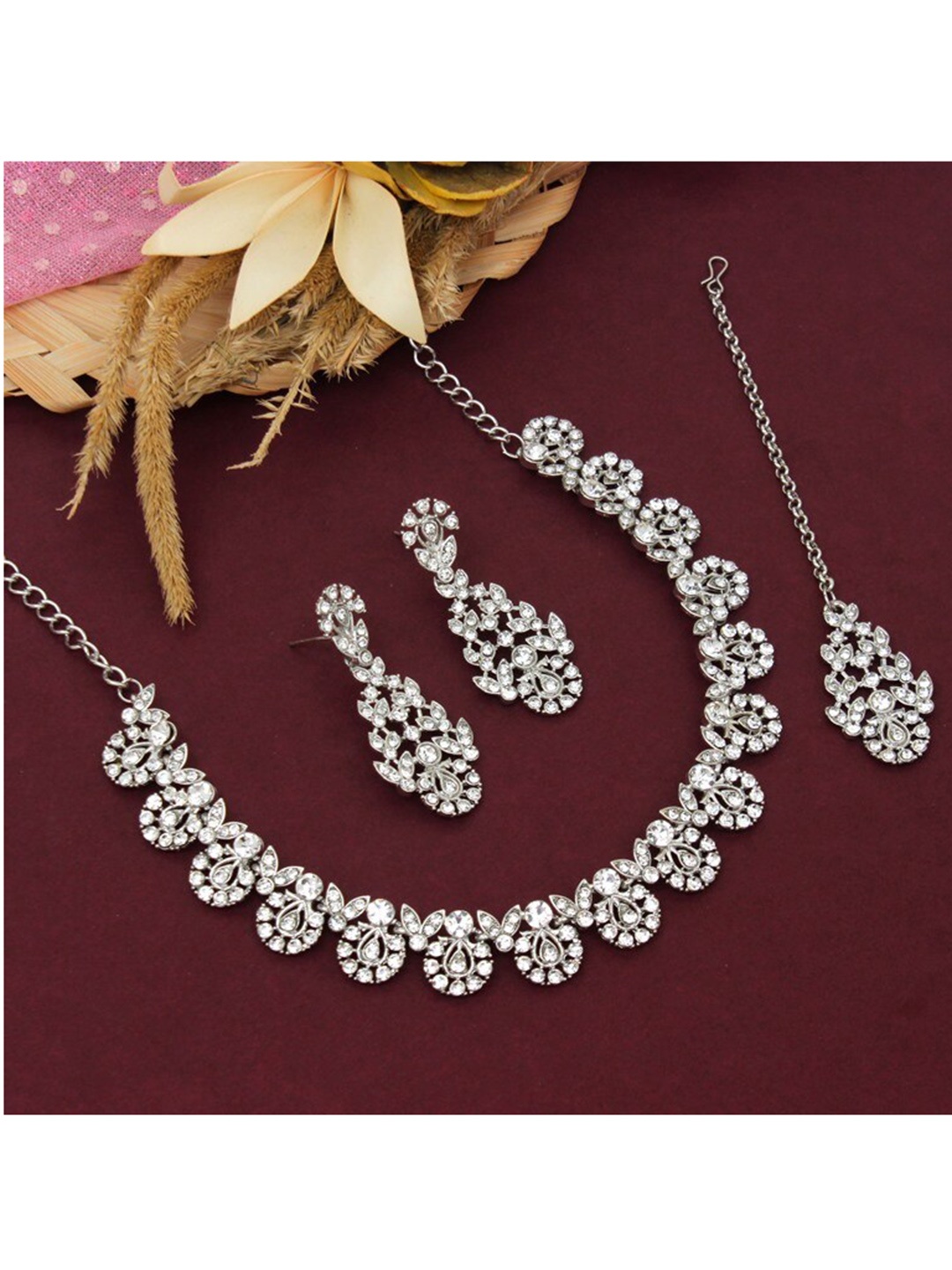

Atasi International Silver-Plated White Crystals Studded Choker Jewellery Set
