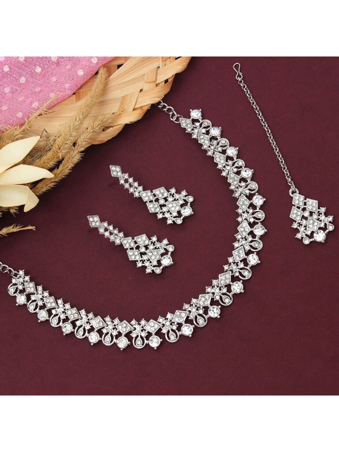 

Atasi International Silver-Plated White Crystal-Studded Jewellery Set