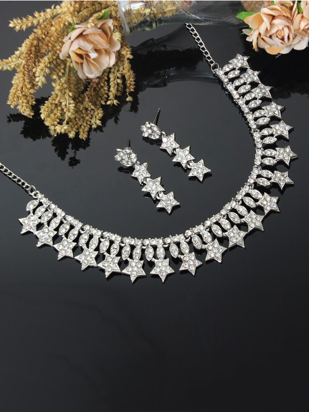 

Atasi International Silver-Plated White Crystal Studded Jewellery Set