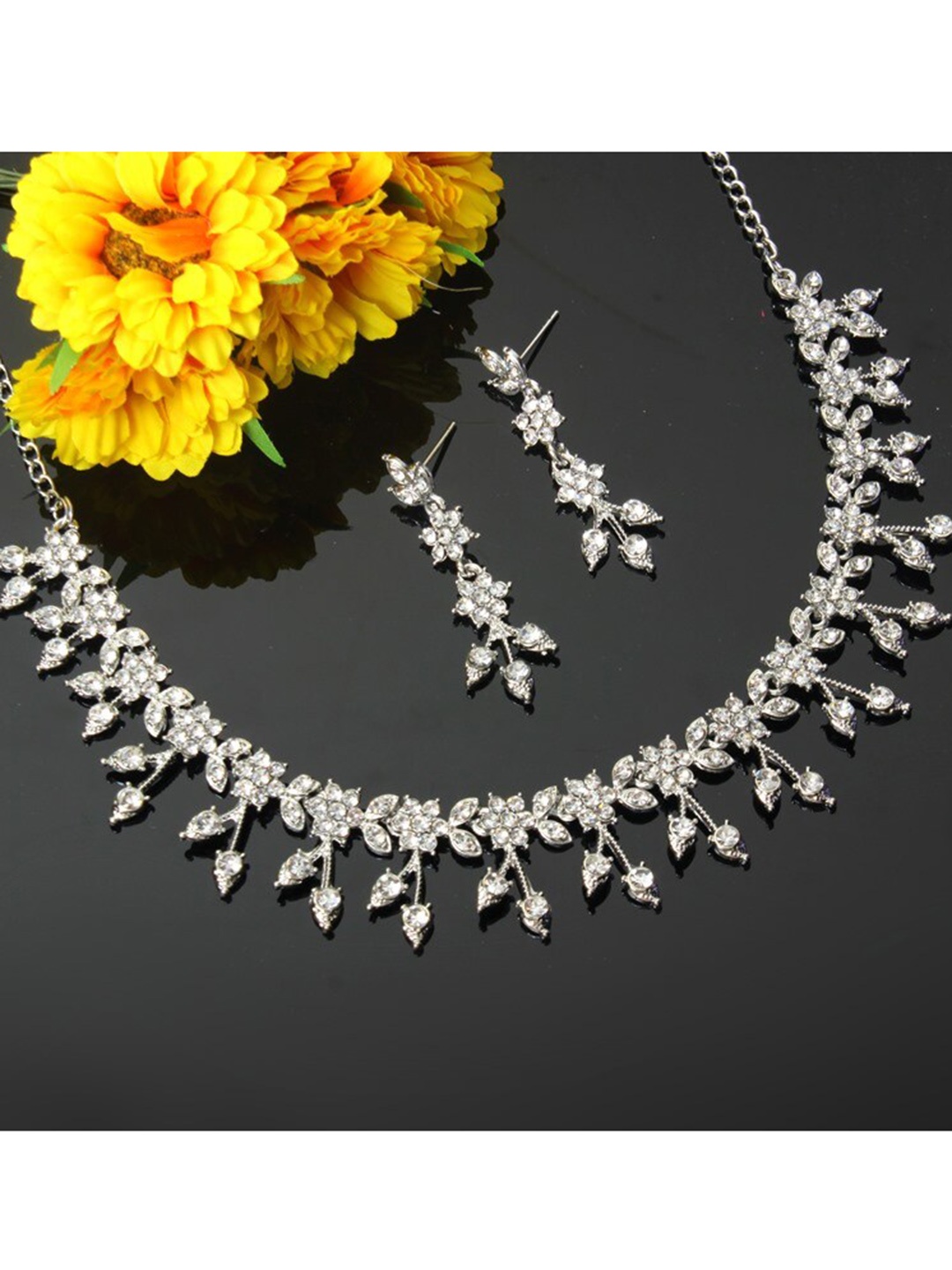 

Atasi International Silver-Plated Silver Toned Crystal Studded Choker Jewellery Set