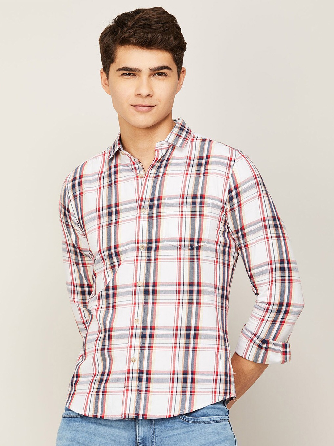 

Fame Forever by Lifestyle Men White Tartan Checks Checked Casual Shirt
