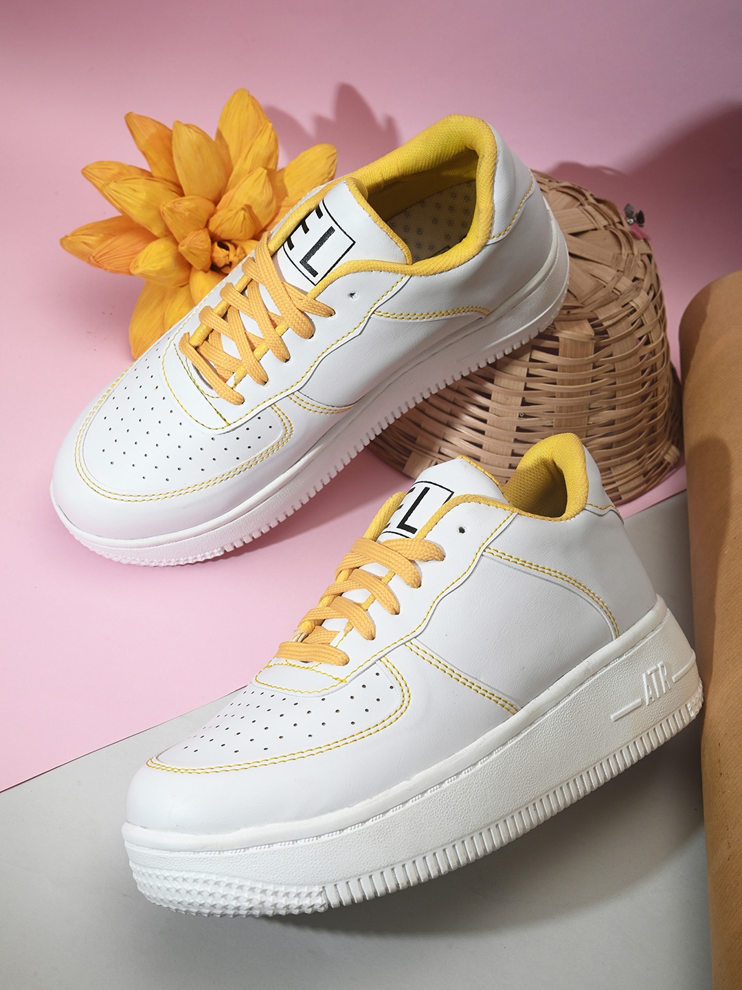 

El Paso Women White & Yellow Perforations Lightweight Sneakers