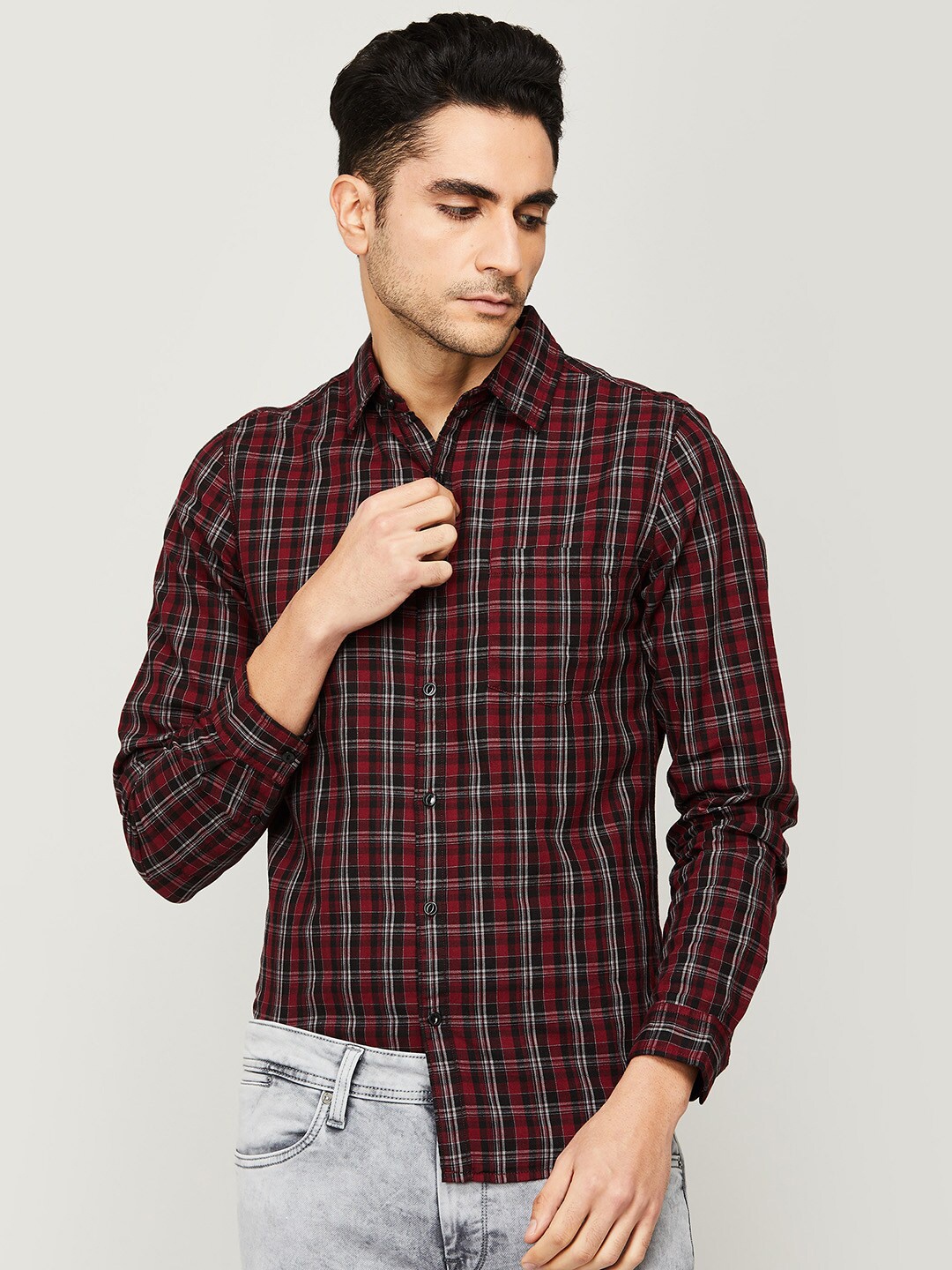 

Forca Men Red Tartan Checks Casual Shirt