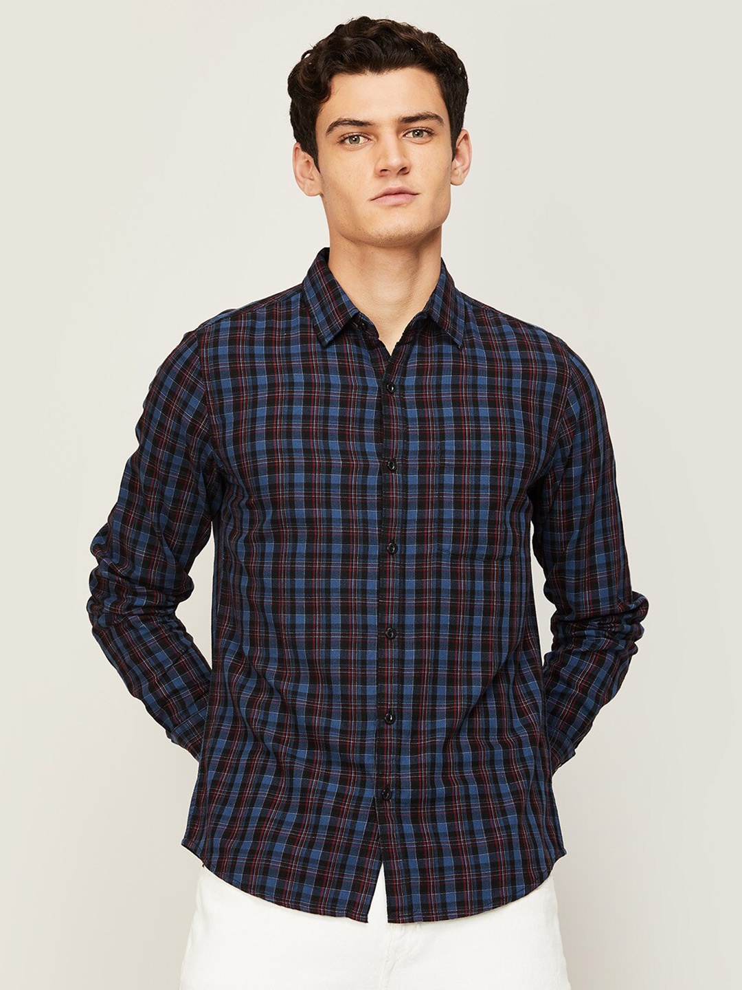 

Forca Men Navy Blue Tartan Checks Cotton Casual Shirt