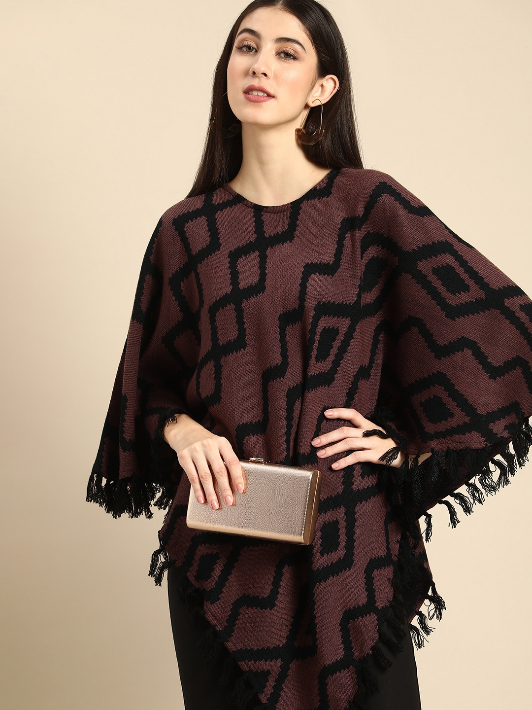 

Anouk Women Brown & Black Printed Poncho
