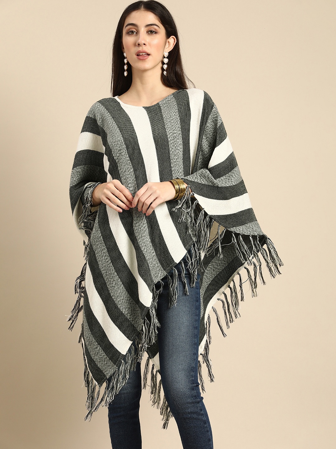

Anouk Women Black & White Striped Longline Poncho with Fringed Detail