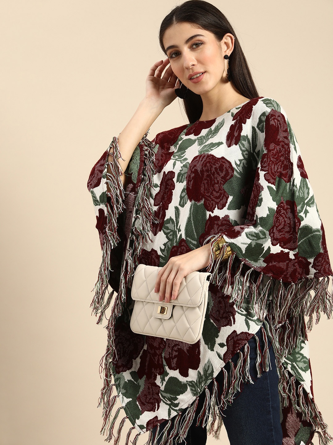 

Anouk Women White & Maroon Floral Poncho with Fringed Detail