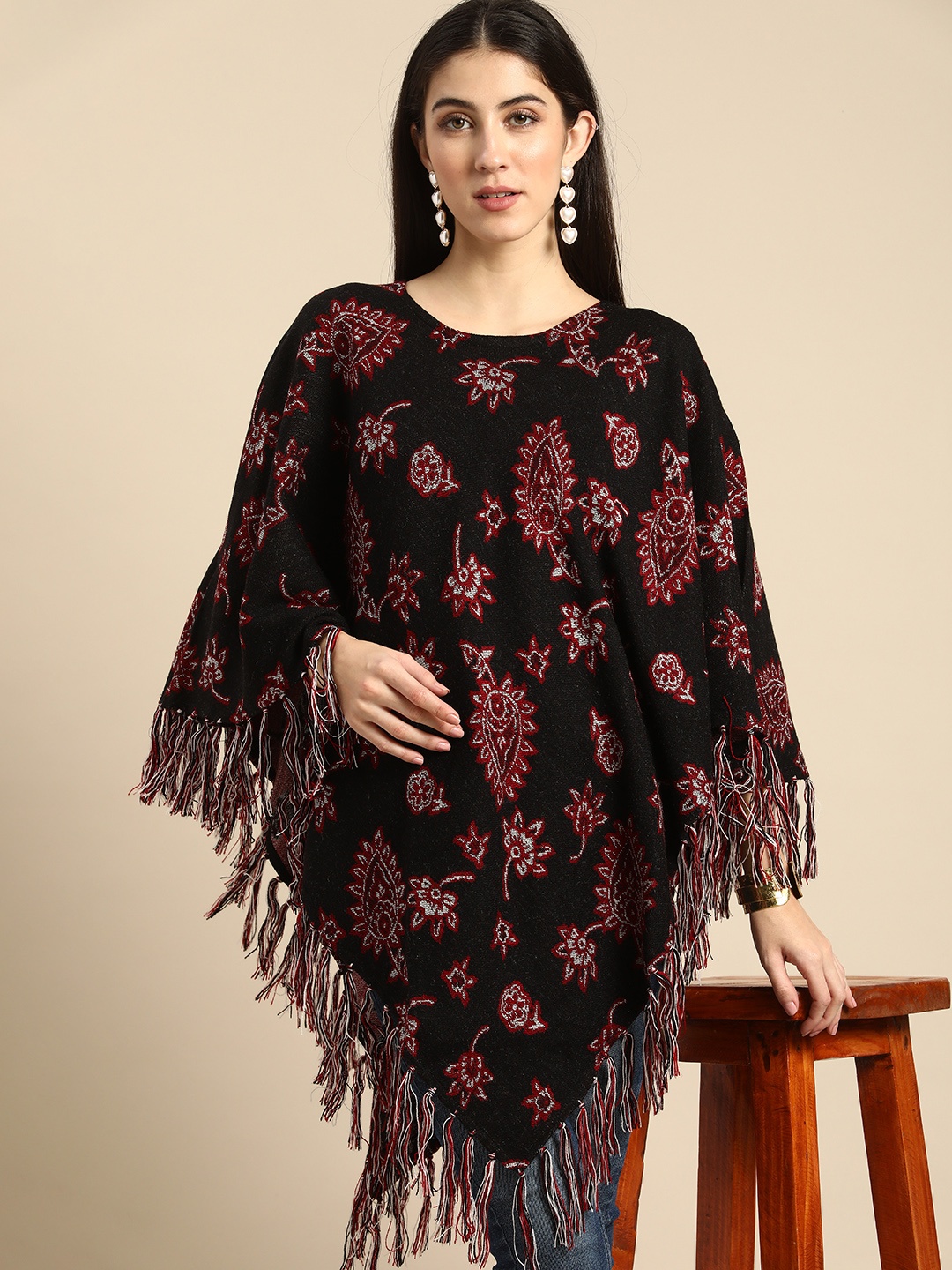 

Anouk Women Black & Maroon Self Design Poncho with Fringed Detail