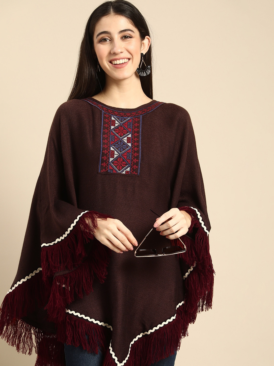 

Anouk Women Maroon Yoke Design Poncho with Fringed Detail