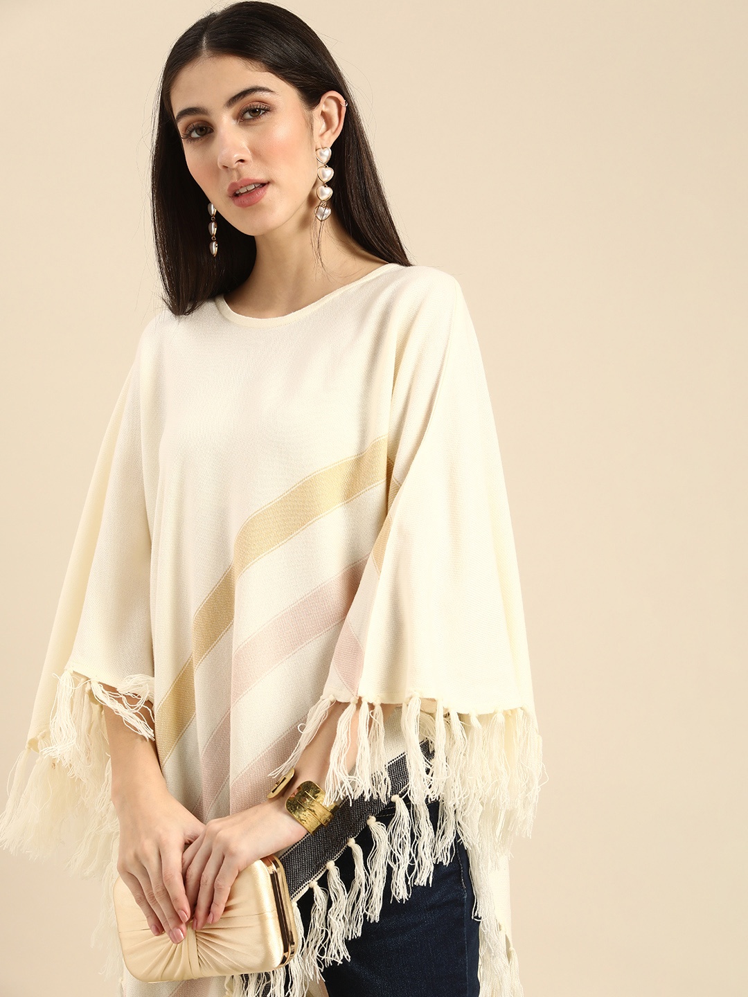 

Anouk Women Off White Striped Poncho with Fringed Detail