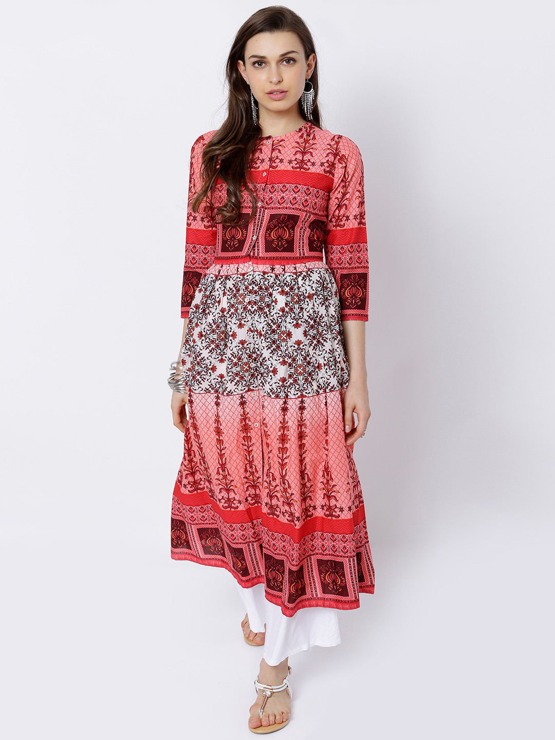 

Vishudh Women Coral Red & White Printed Anarkali Kurta