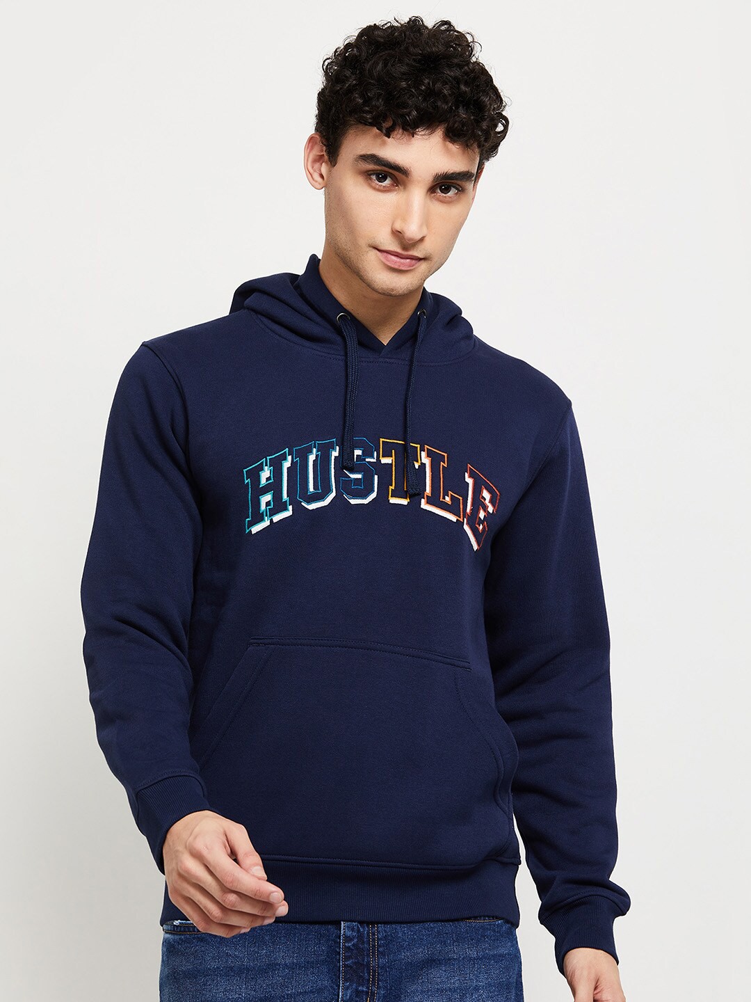 

max Men Blue Printed Hooded Sweatshirt