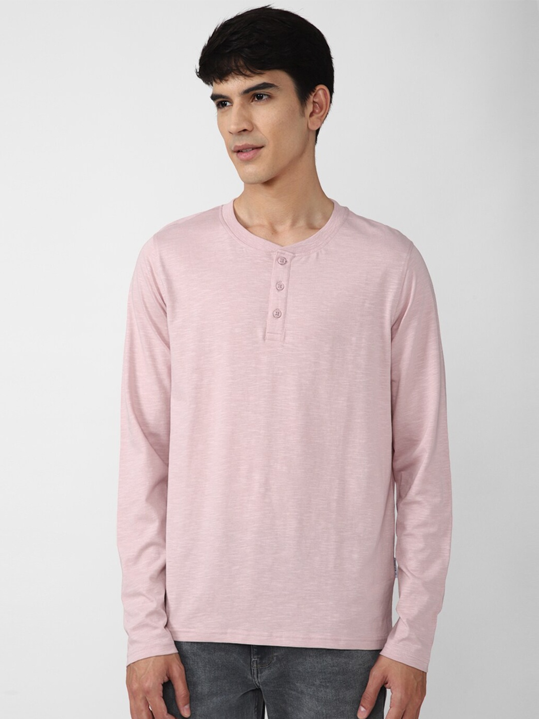 

FOREVER 21 Men Pink Henley Neck Cotton T-shirt