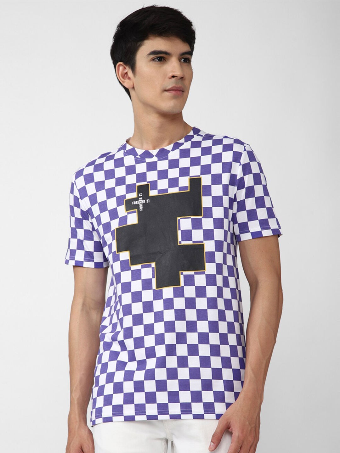 

FOREVER 21 Men Purple & White Checked Cotton T-shirt