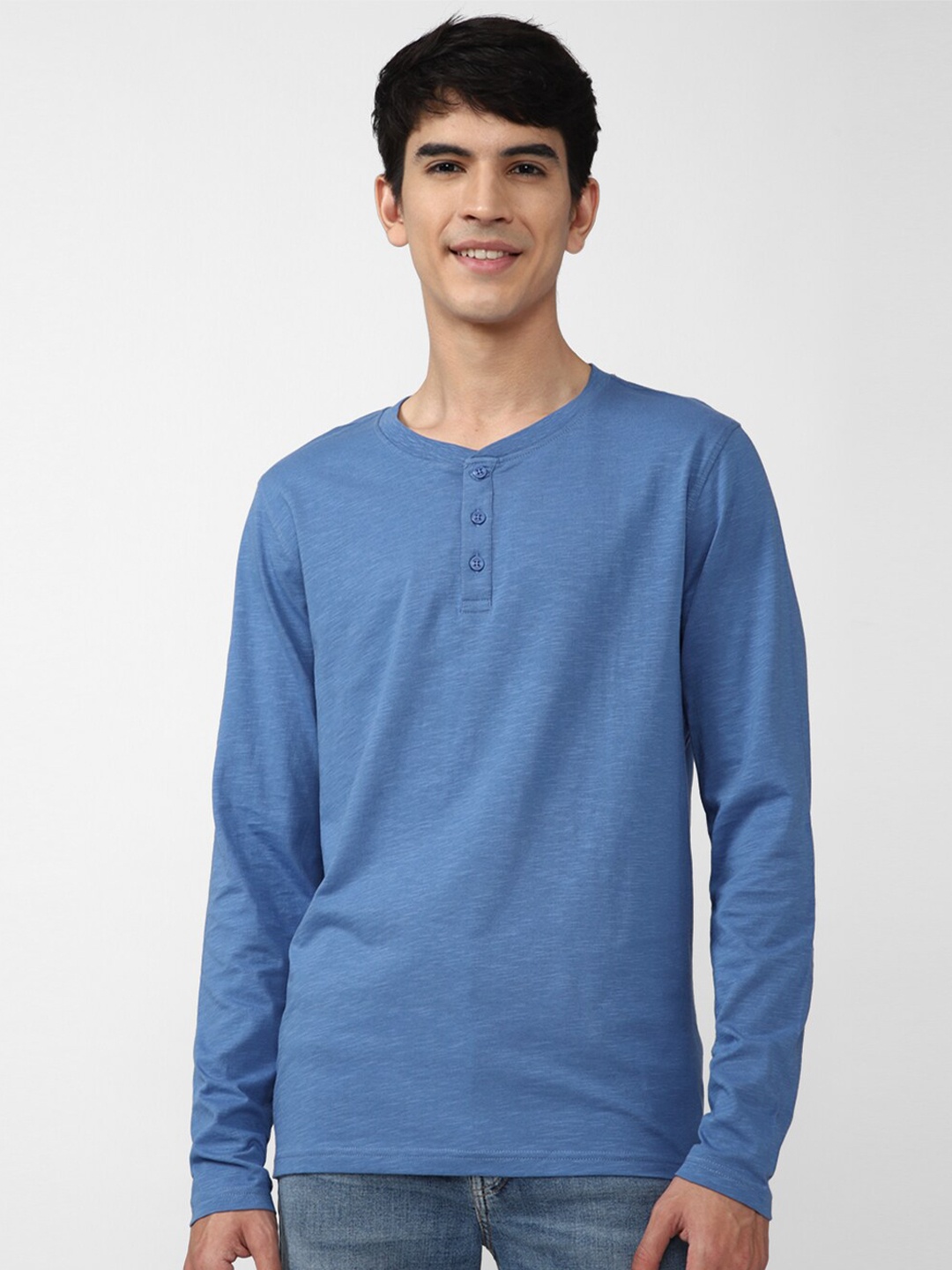 

FOREVER 21 Men Blue Henley Neck Pure Cotton T-shirt