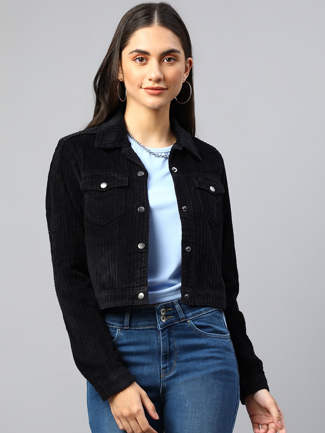 

Xpose Women Black Corduroy Lightweight Crop Denim Jacket