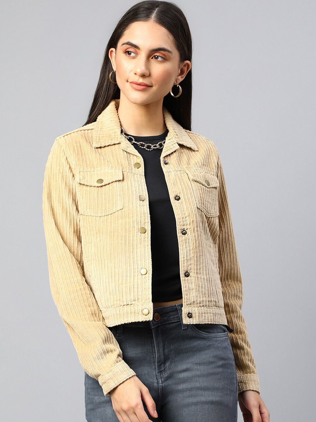 

Xpose Women Beige Corduroy Lightweight Tailored Jacket