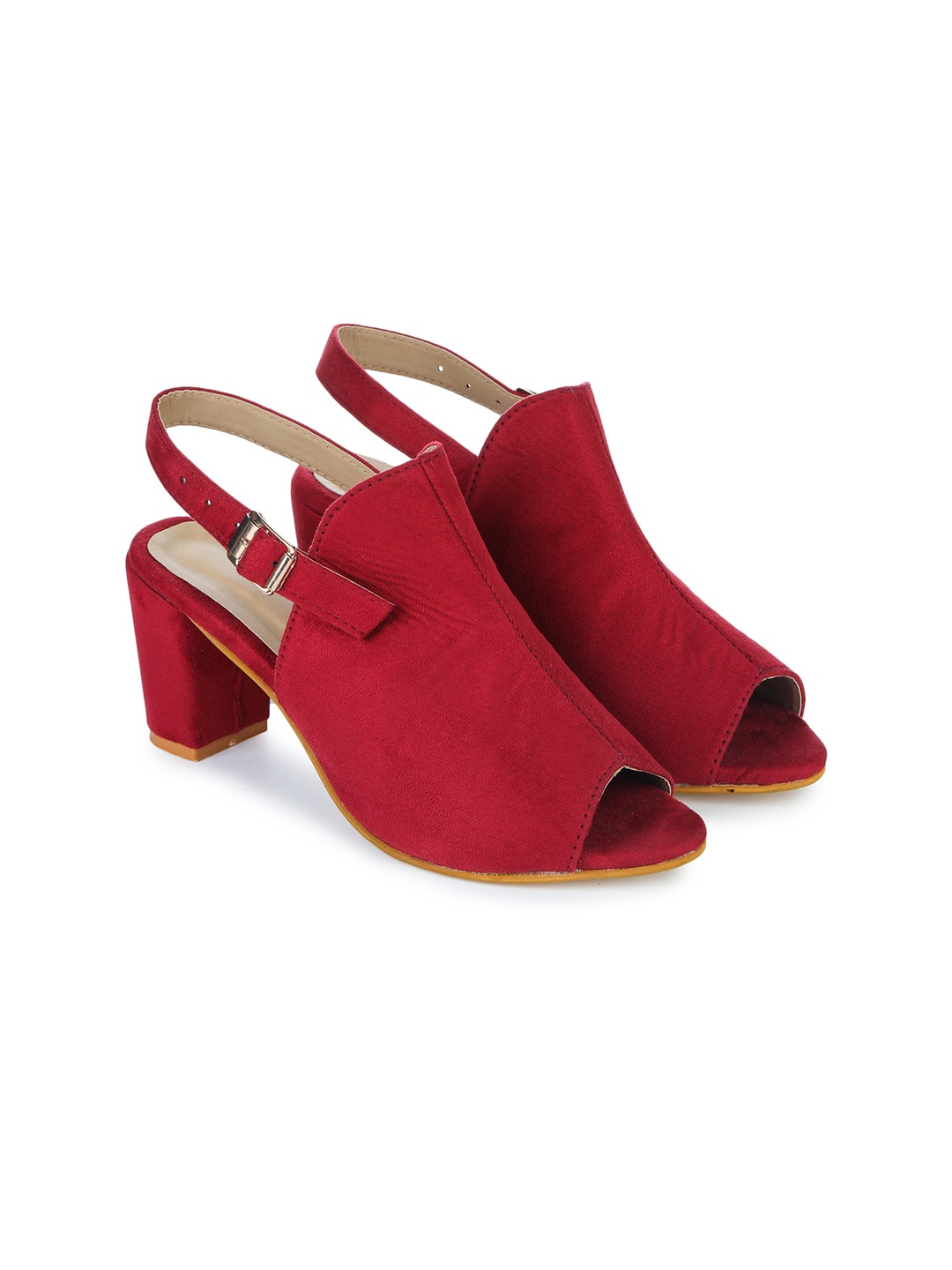 

H3F Women Red Suede Party Block Peep Toes with Buckles
