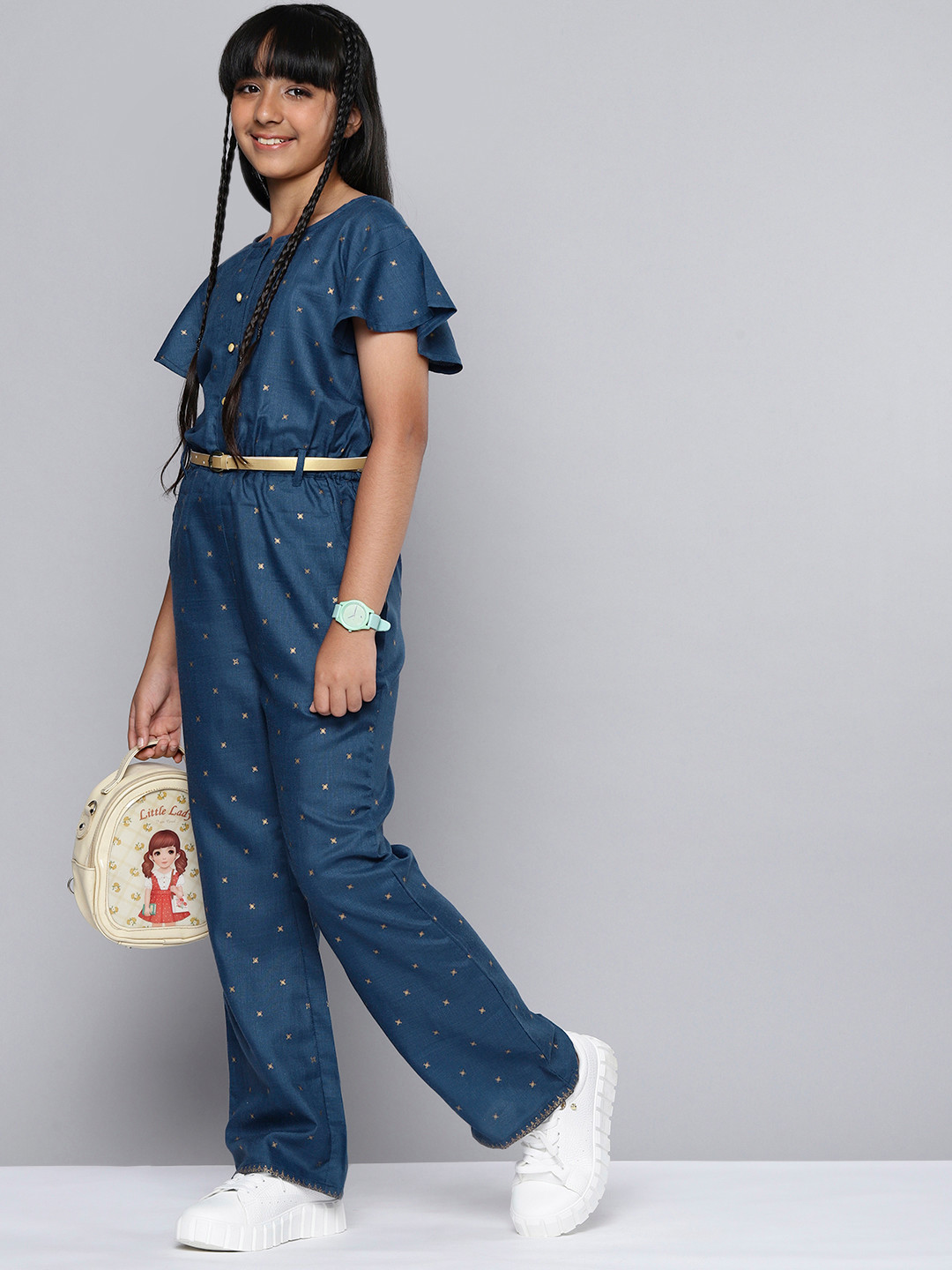 

HERE&NOW Girls Printed Basic Jumpsuit, Navy blue