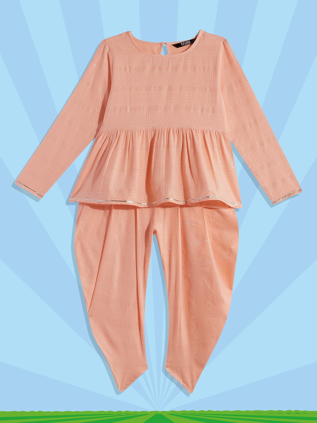 

HERE&NOW Girls Peach-Coloured Printed Pure Cotton Peplum Top with Dhoti Pants