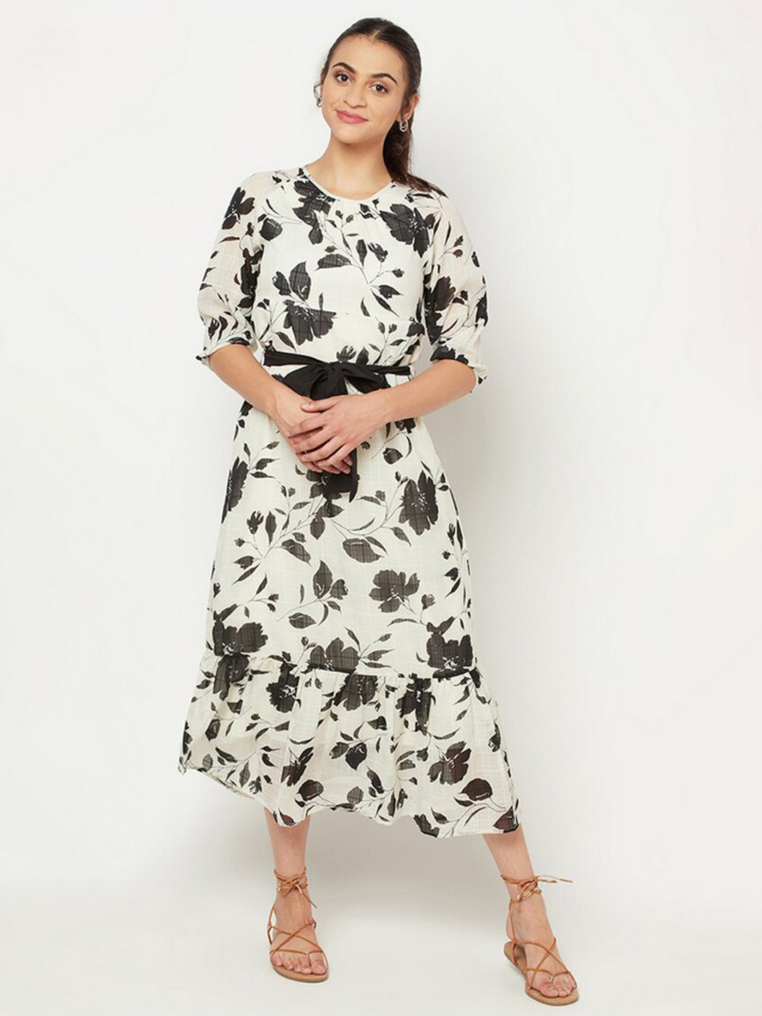 

SQew Black Floral A-Line Midi Dress