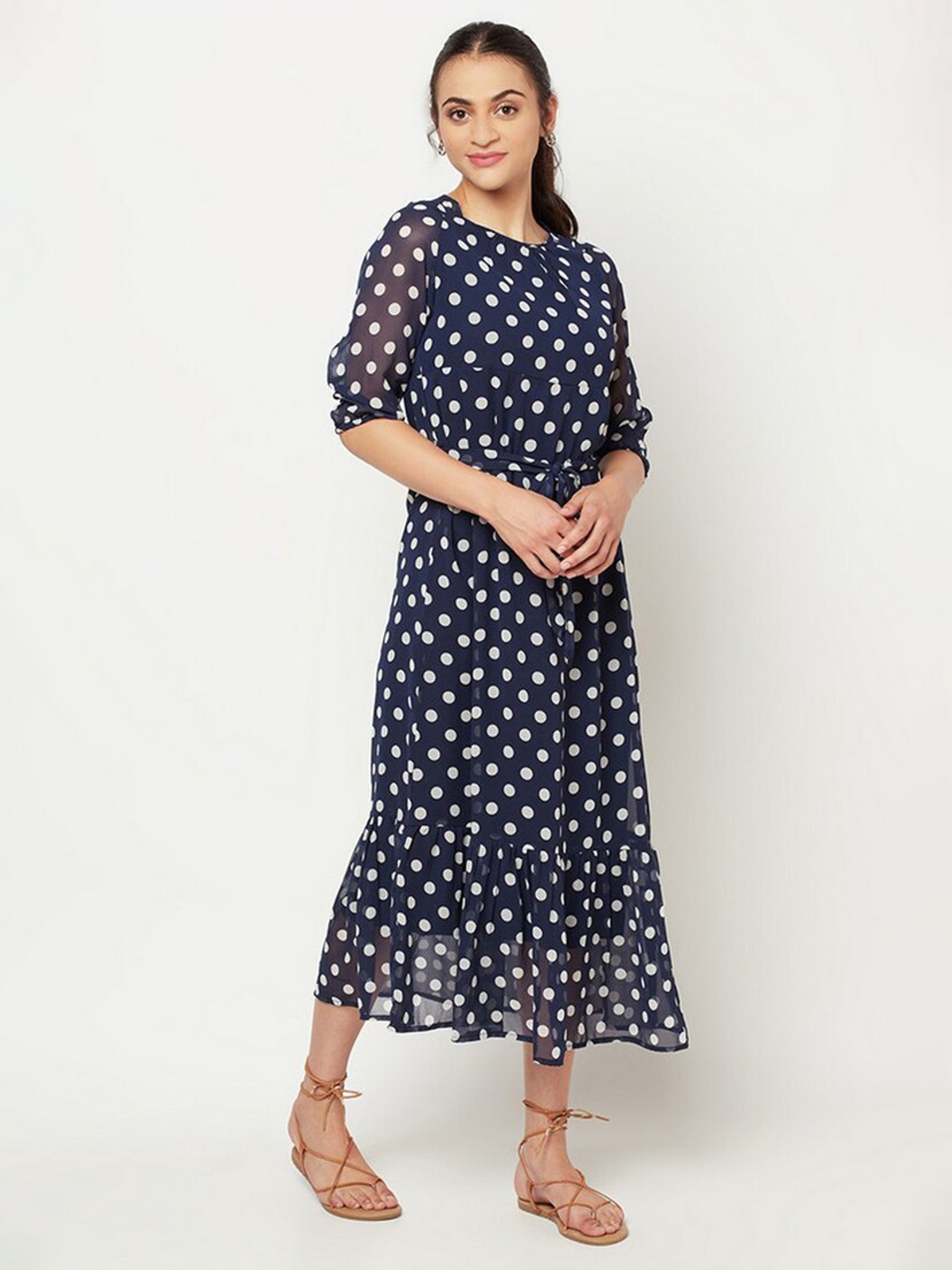 

SQew Navy Blue & White Polka Dots Midi Dress