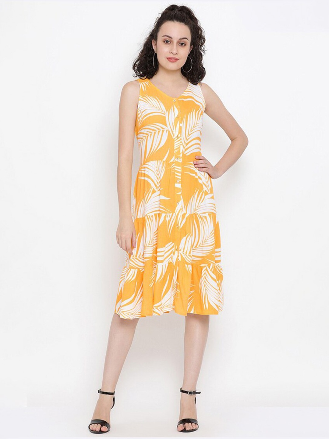 

SQew Yellow Tropical A-Line Dress