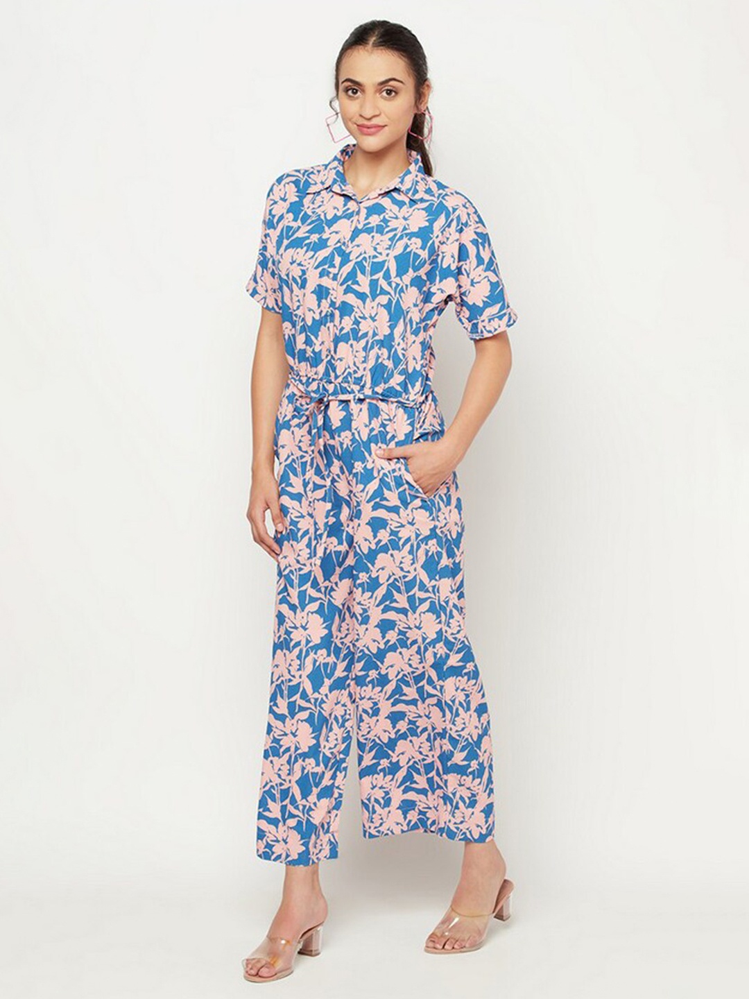 

SQew Women Blue & Pink Floral Printed Basic Jumpsuit