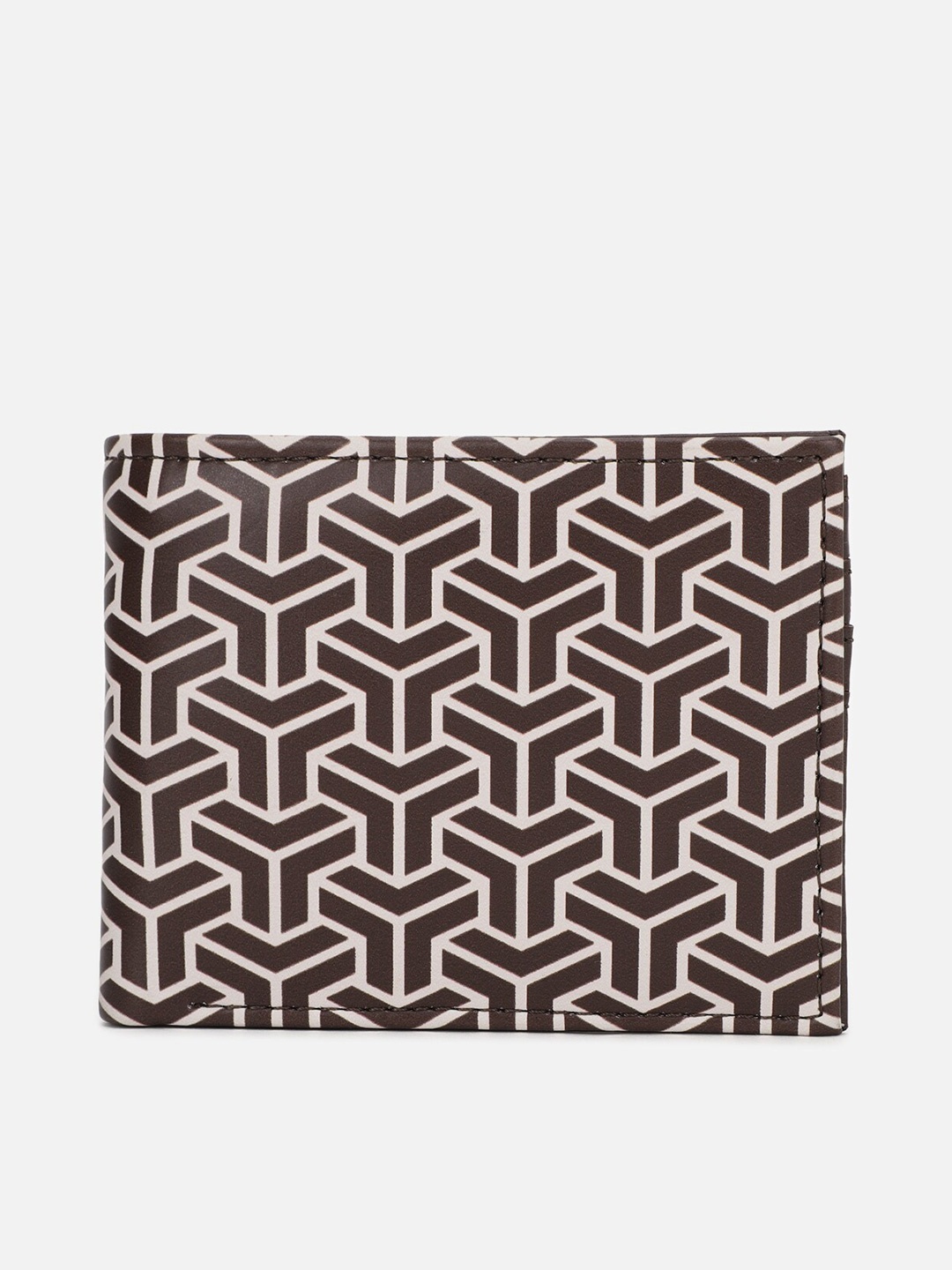 

FOREVER 21 Men Brown & Off White Geometric Printed PU Two Fold Wallet