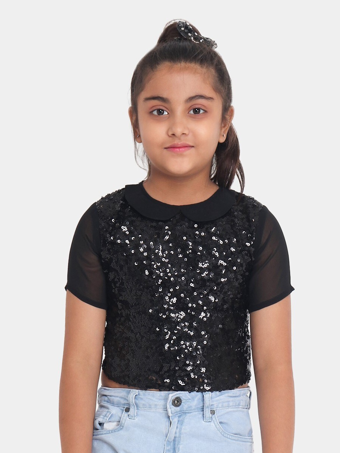 

YK Girls Black Sequin Embellished Peter Pan Collar Net Party Top