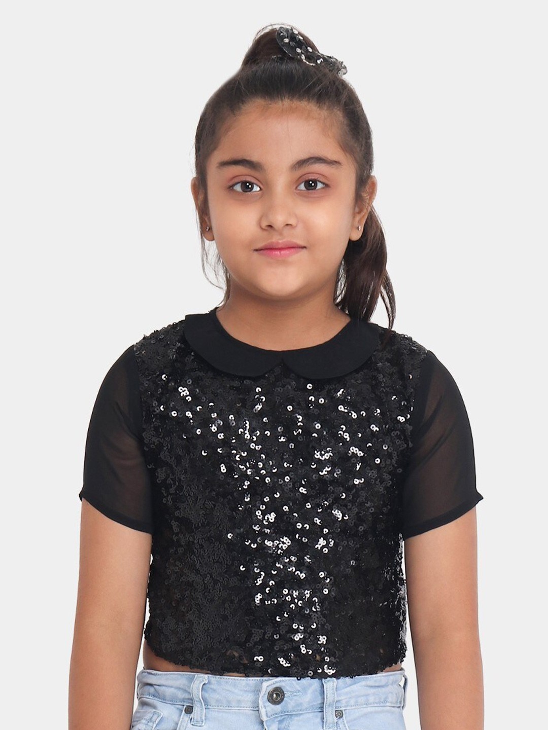 

YK Girls Black All Over Sequin Embellished Party Top