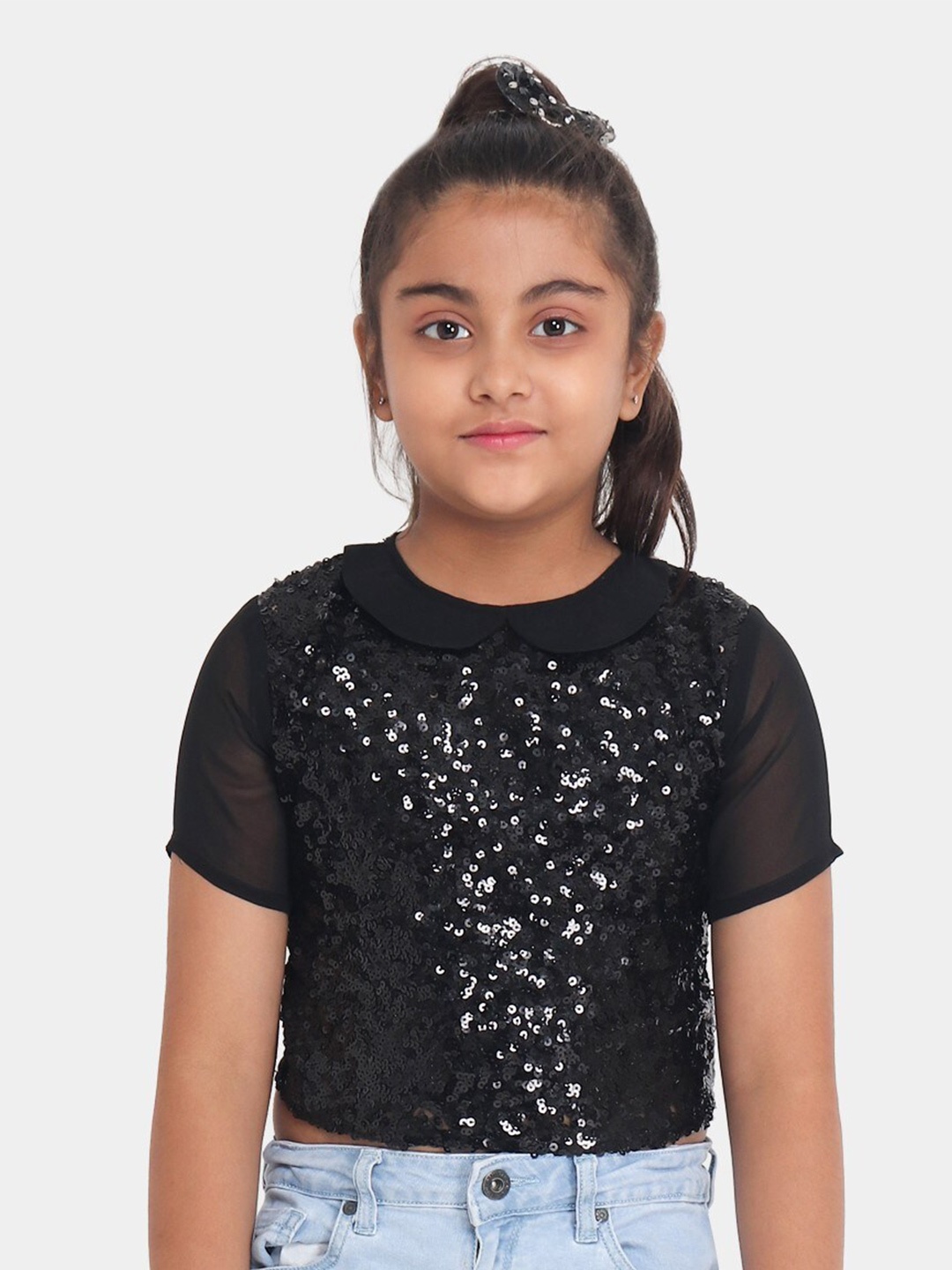 

YK Girls Black All Over Sequin Embellished Party Top