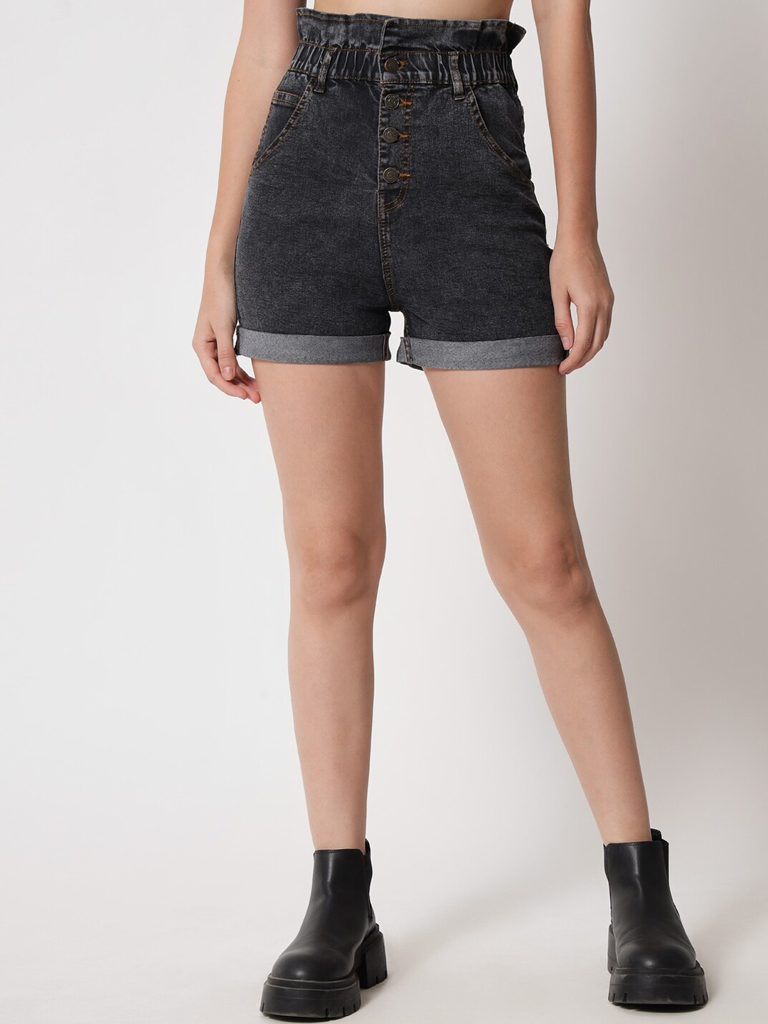 

Kotty Women Black Skinny Fit High-Rise Outdoor Denim Shorts
