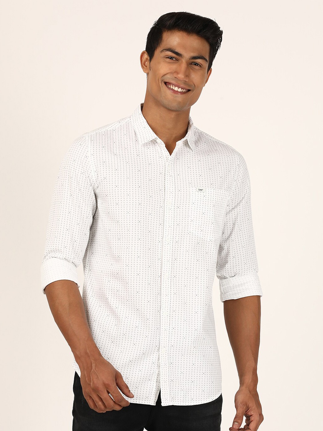 

Lee Men White Slim Fit Grid Tattersall Checks Printed Cotton Casual Shirt