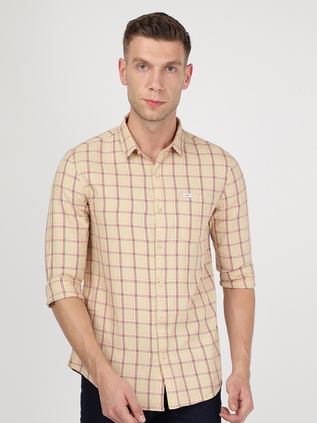 

Lee Men Beige Slim Fit Windowpane Checks Casual Shirt
