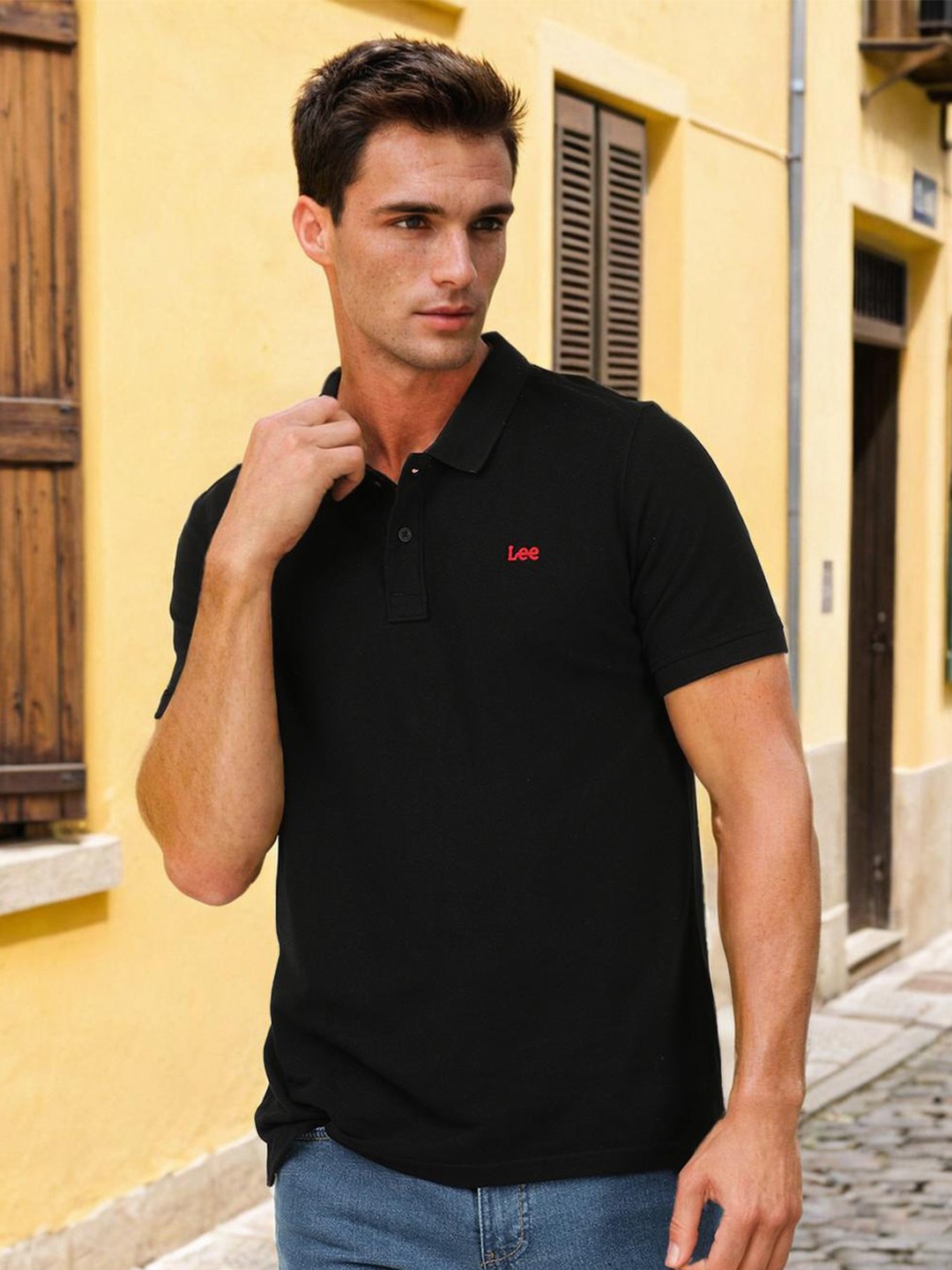 

Lee Men Black Polo Collar Slim Fit T-shirt