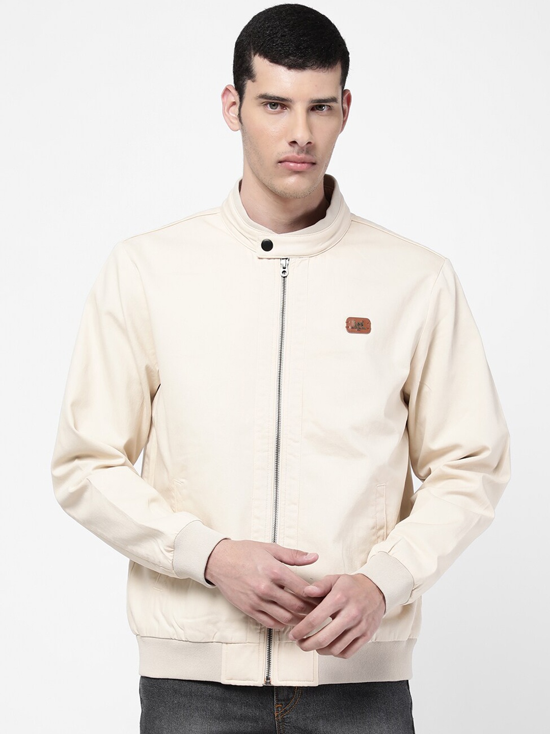 

Lee Men Cream-Coloured Solid Bomber Jacket