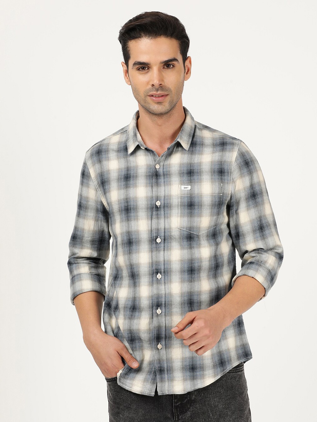 

Lee Men Cream-Coloured Slim Fit Tartan Checked Casual Cotton Shirt