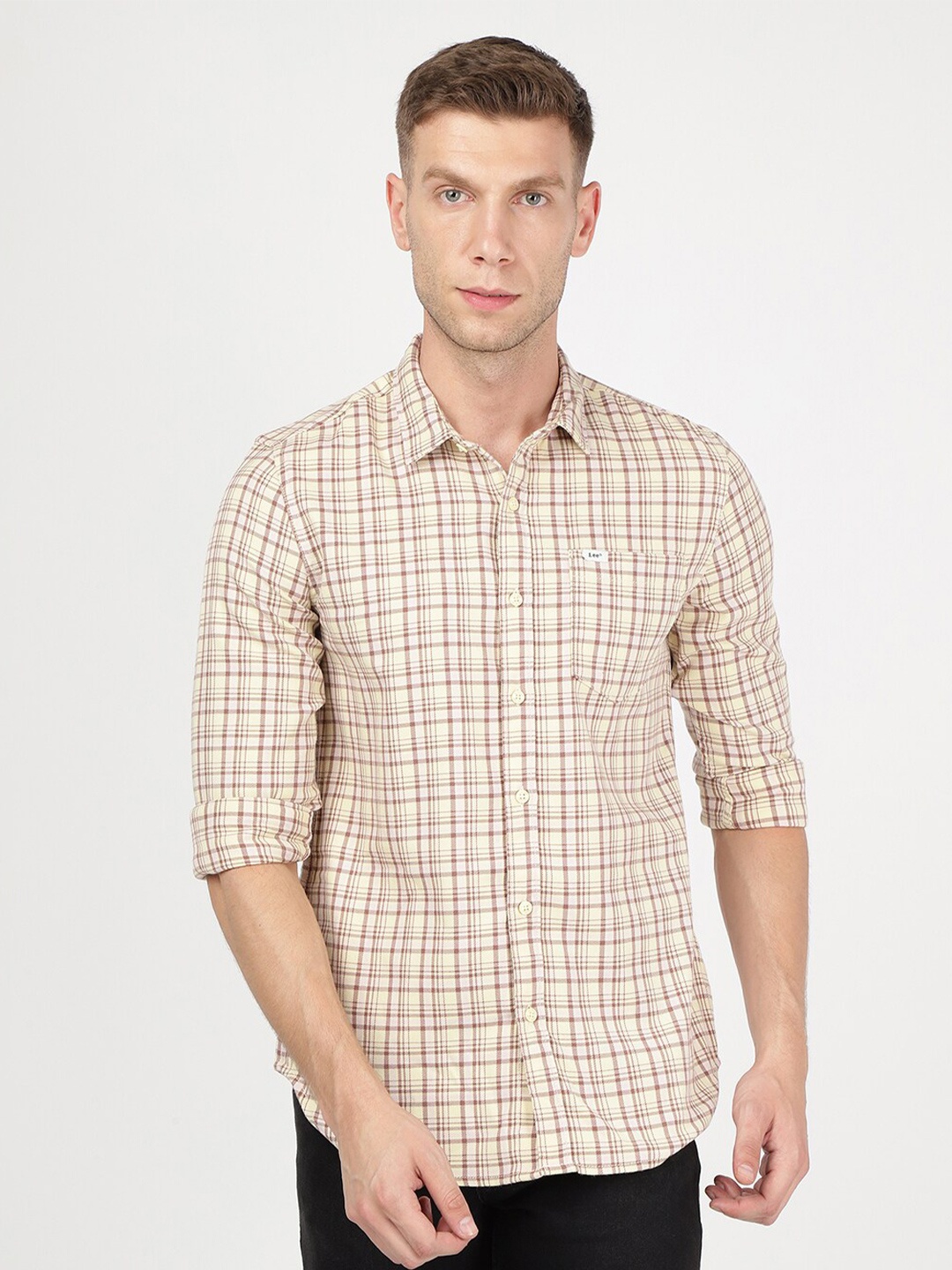 

Lee Men Yellow Slim Fit Grid Tattersall Checks Checked Casual Shirt
