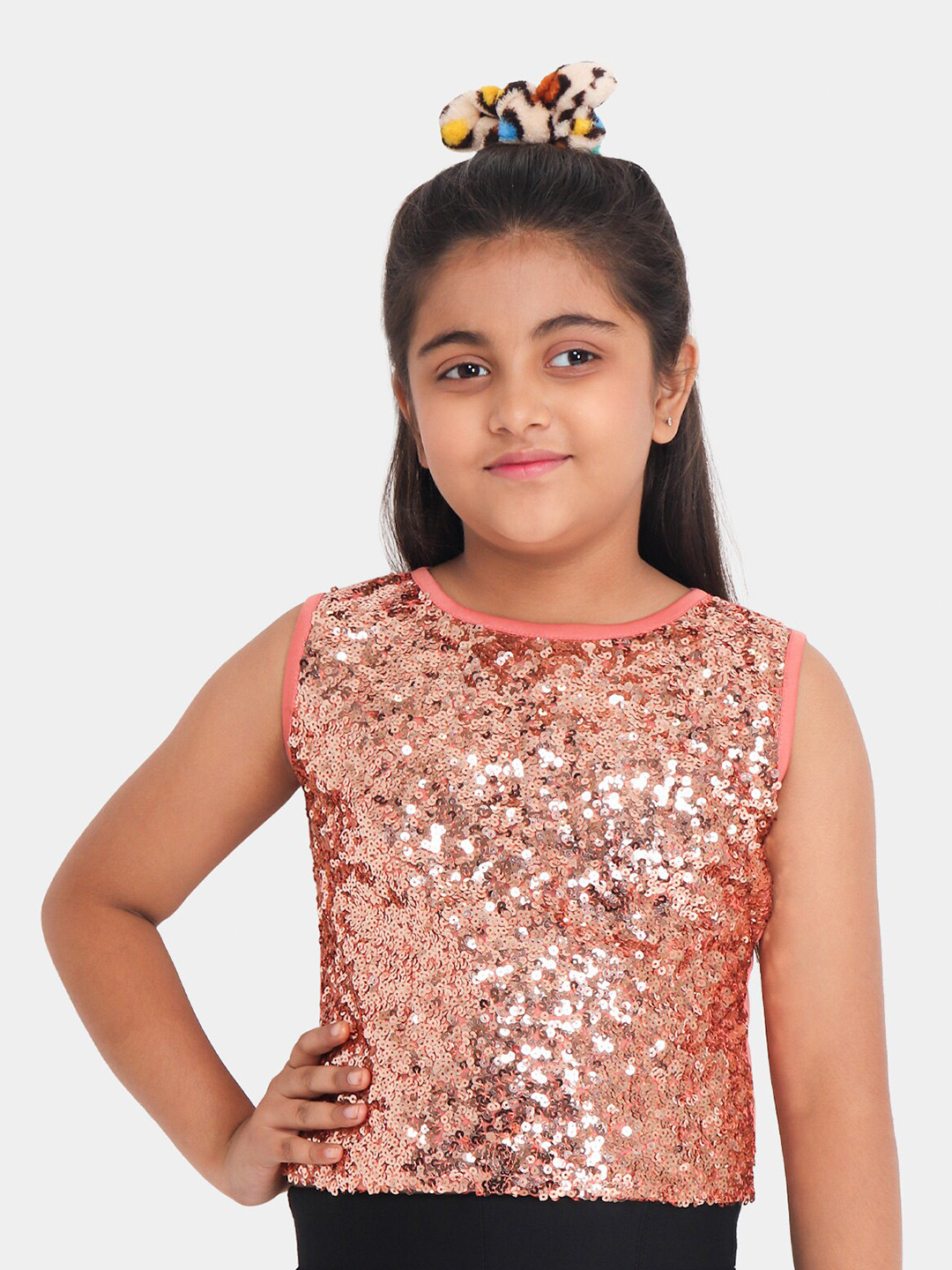 

YK Girls Rose Gold All over Sequin Crop Top, Beige