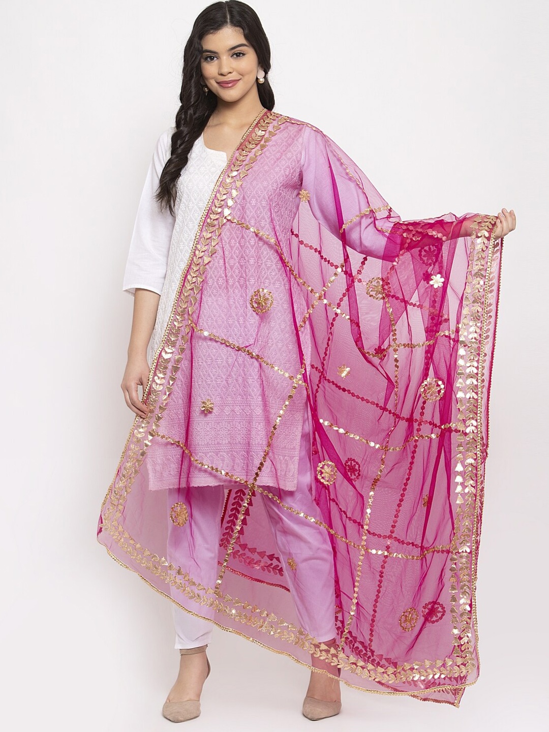 

Clora Creation Magenta & Gold-Toned Net Dupatta With Embellished Gotta Patti