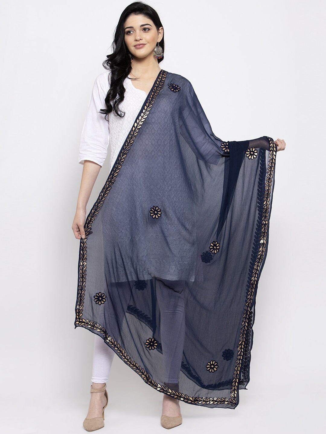 

Clora Creation Navy Blue & Black Embroidered Dupatta with Gotta Patti