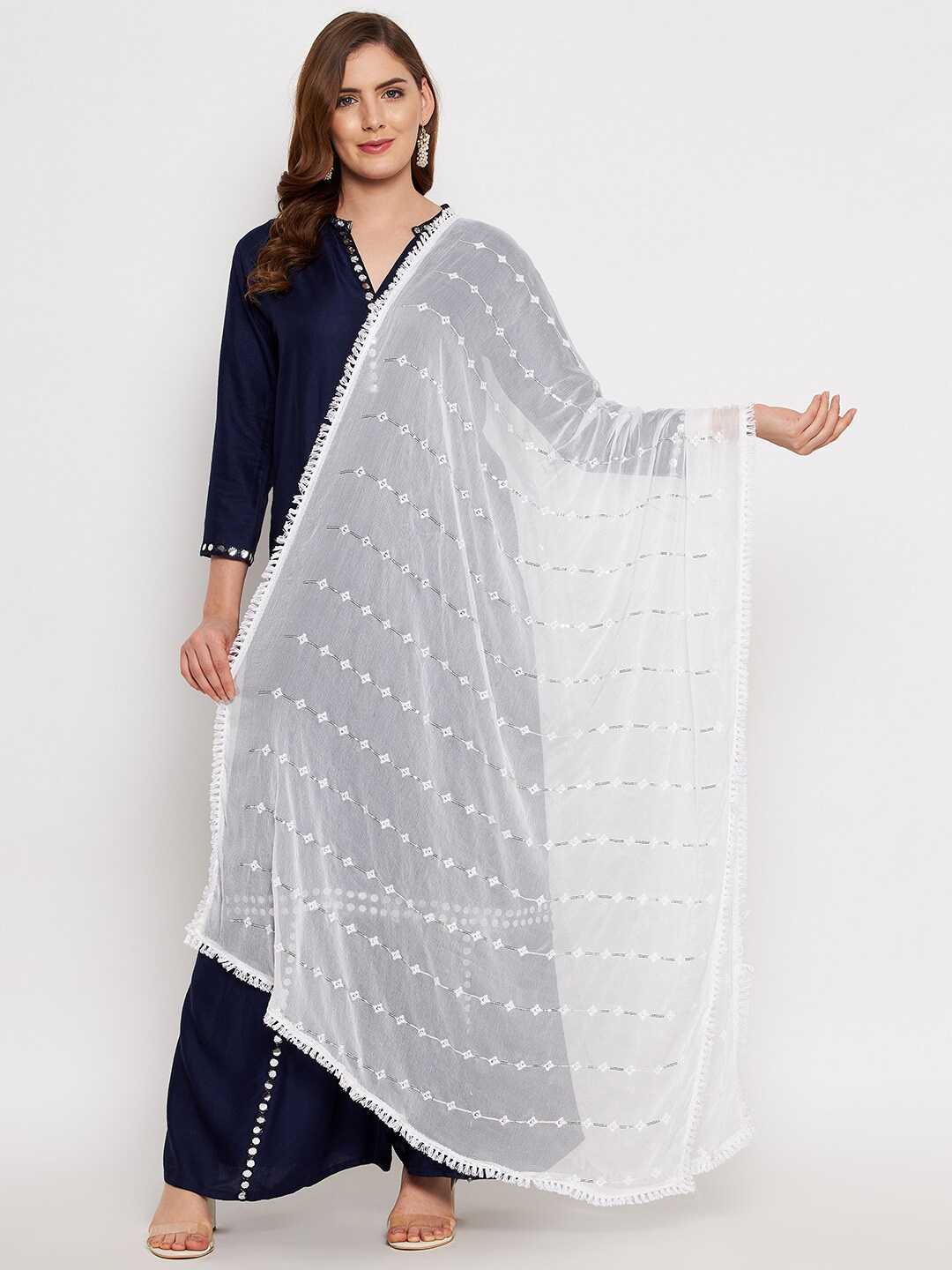 

Clora Creation White Embroidered Dupatta with Sequinned