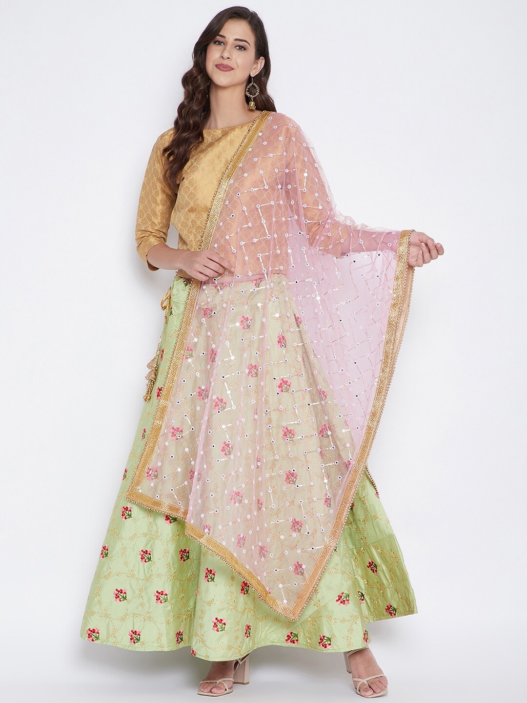 

Clora Creation Pink & Gold-Toned Embroidered Dupatta with Sequinned