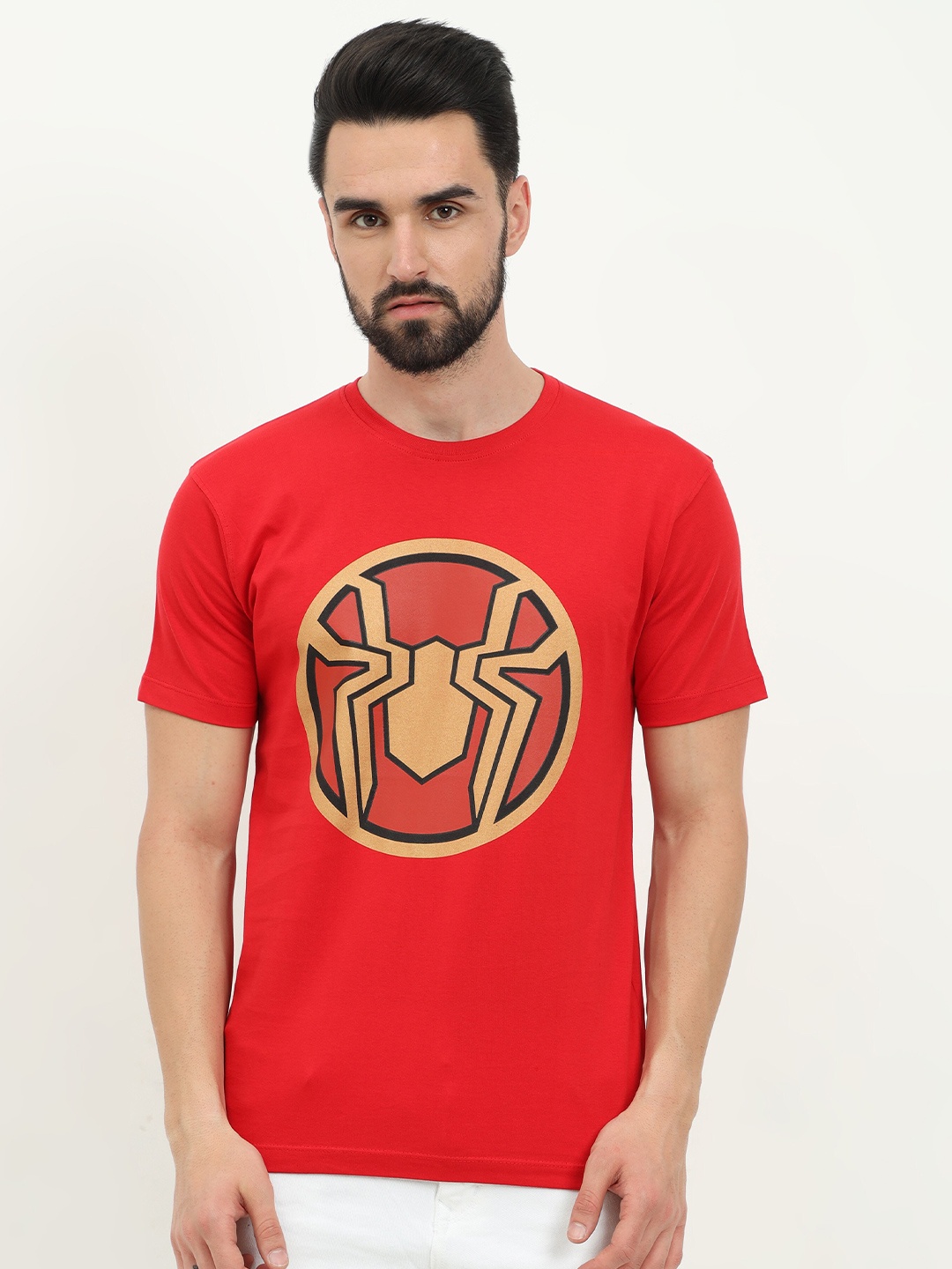 

COOFT Men Red Spider-Man Printed Pure Cotton T-shirt