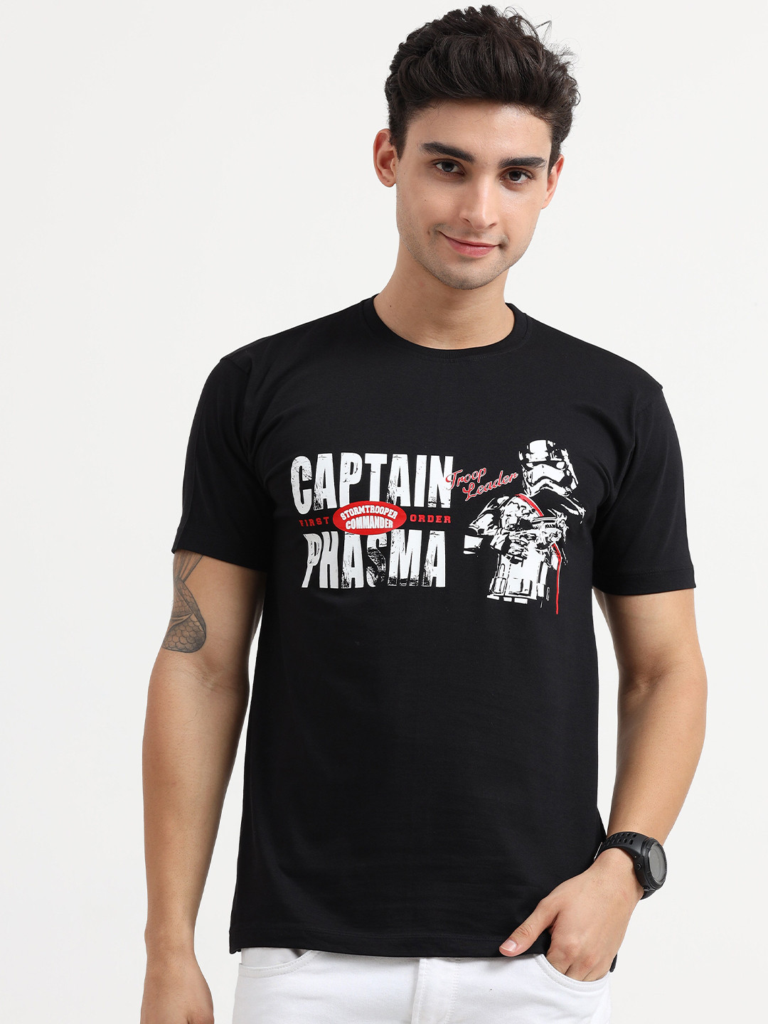 

COOFT Men Black Typography Star Wars Printed Pure Cotton T-shirt