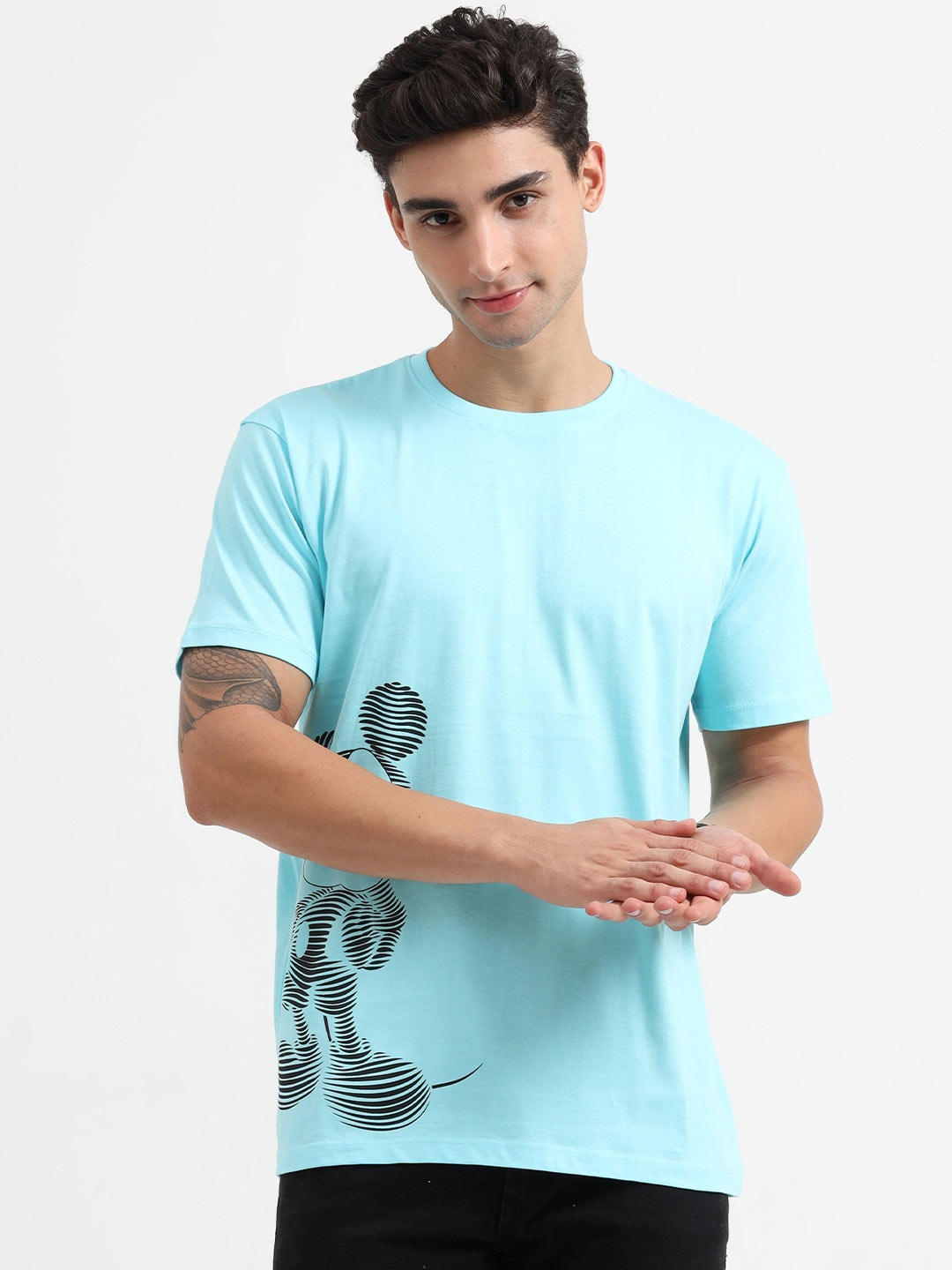 

COOFT Men Blue Mickey Mouse Printed Pure Cotton T-shirt