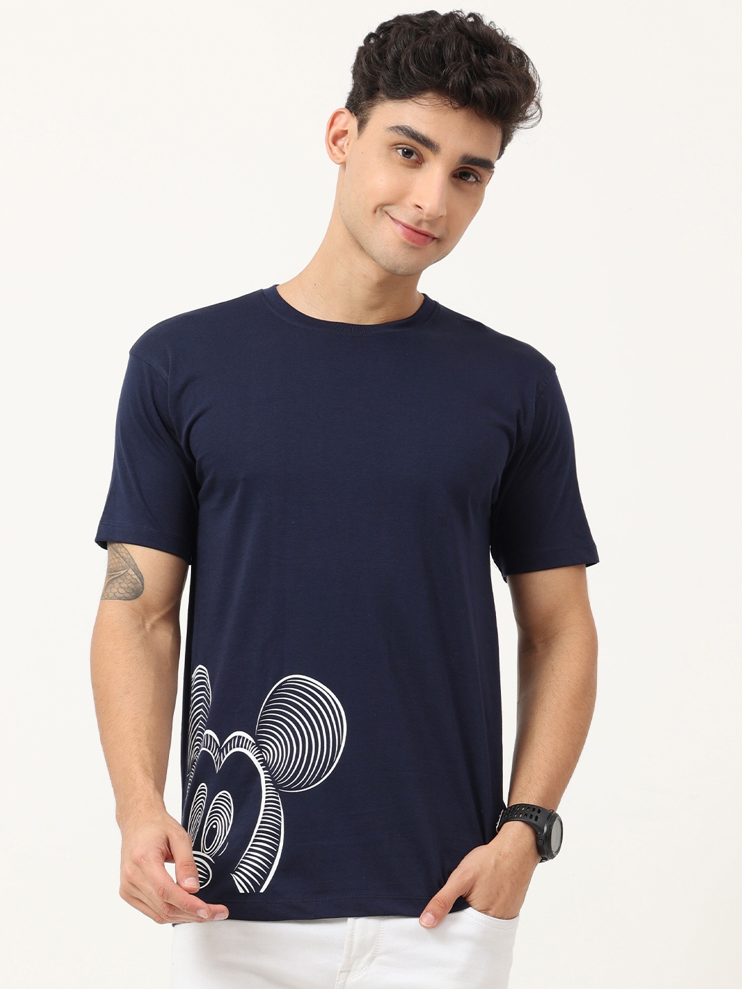 

COOFT Men Blue Mickey Mouse Printed Pure Cotton T-shirt
