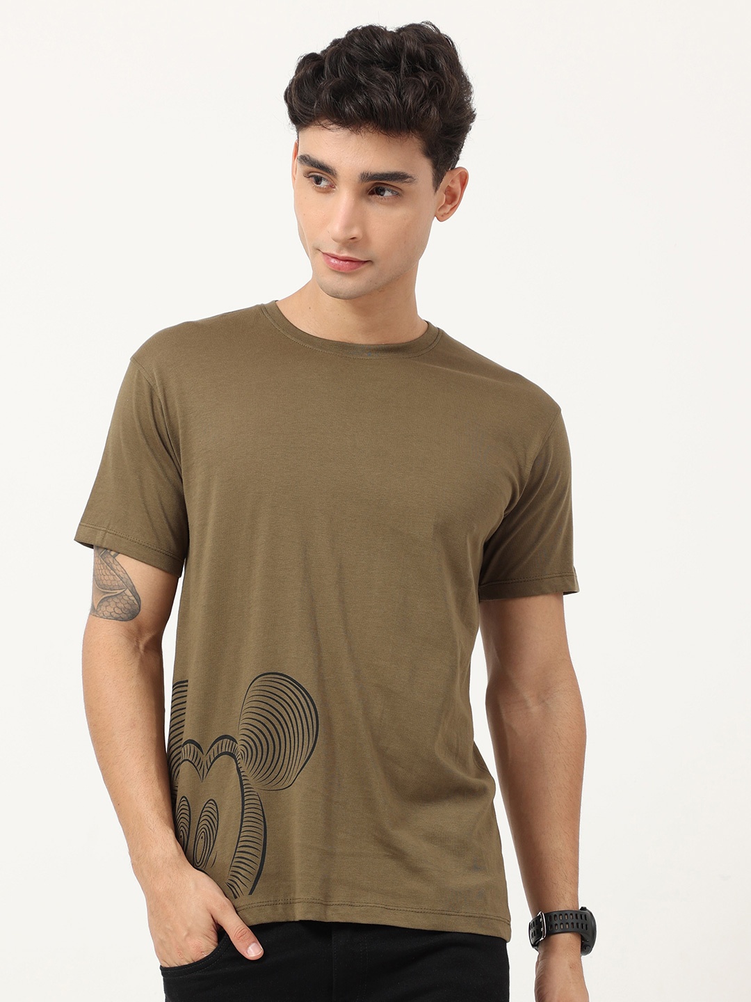 

COOFT Men Olive Green Mickey Mouse V-Neck Pure Cotton T-shirt