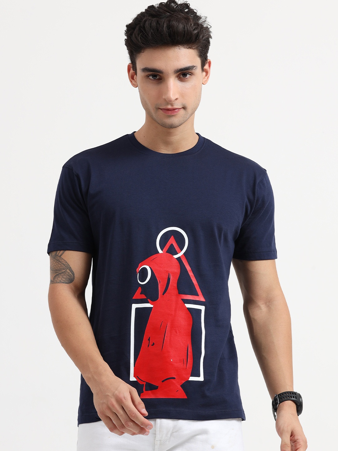 

COOFT Men Blue Printed Pure Cotton Applique T-shirt